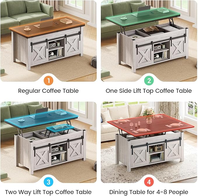 SEDETA Lift Top Coffee Table, 4 in 1 Multi-Function Convertible Coffee Tables with Storage and Hidden Compartment, Farmhouse Coffee Table Converts to Dining Table for Living Room, Vintage White