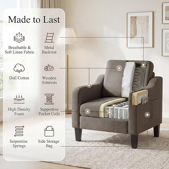 Accent Chairs Set of 2 for Living Room, Mid-Century Upholstered Armchair with Foldable Table & 2 Side Pockets, Modern Linen Wooden Sofa Chair for Bedroom & Reading Room, Brown
