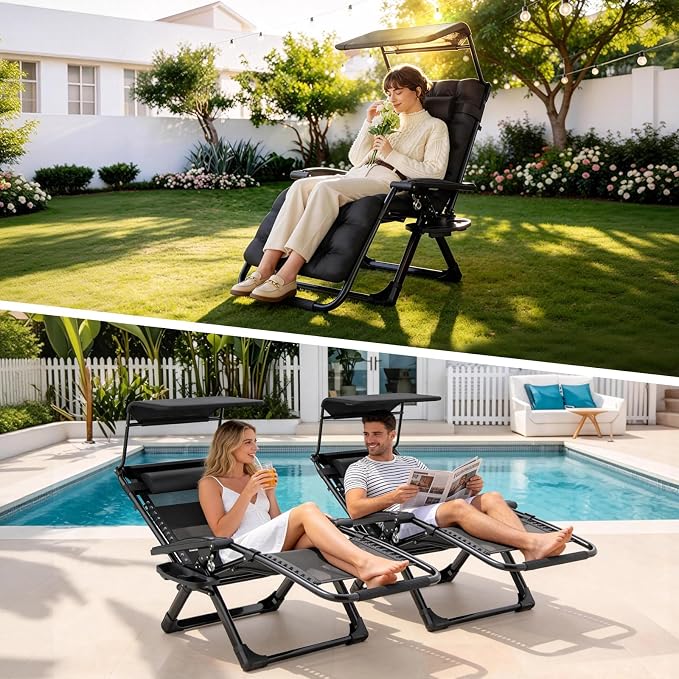 Suteck Zero Gravity Chair with Canopy, Reclining Camping Lounge Chair w/Removable Cushion, Upgraded Lock and Cup Holder, Reclining Patio Chairs Folding Recliner for Indoor and Outdoor