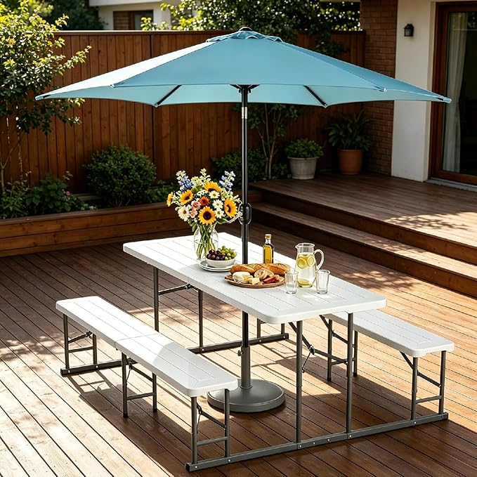 VINGLI Folding Picnic Table and Bench Set with Umbrella, Portable Outdoor Dining Furniture for Camping, Patio, Backyard, Wood Grain Plastic Top with Metal Frame with Light Blue Umbrella