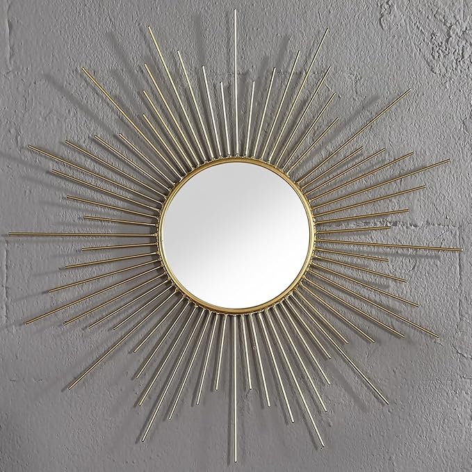 24'' Large Gold Sunburst Mirror, Metal Starburst Mirrors, Mid-Century Modern Sun Mirror Wall Decor for Living Room, Bedroom, Bathroom, Hallway, and Entryway