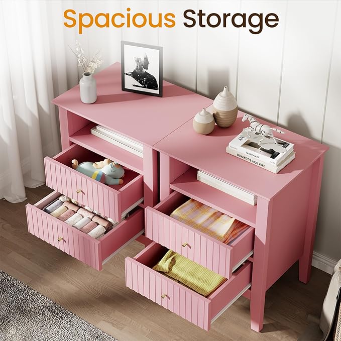 RoyalCraft Pink Fluted Nightstand Set of 2, Colorful Nightstand with 2 Drawers, Modern Wooden End Table with Storage for Small Spaces, Side Table for Bedroom, Couch, Home Office