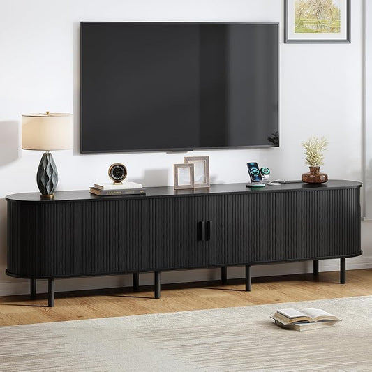 86.6" TV Stand with Power Outlet, Mid-Century Modern Television Stand, Fluted Media Console with Sliding Doors, Entertainment Center for TVs up to 90 Inch, Adjustable Shelves, Black