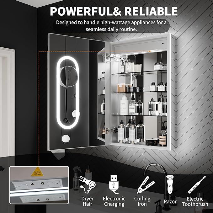 ExBrite 24 x 32 Lighted Medicine Cabinet with Mirror, Front&Backlit led Medicine Cabinet,Defog,5X Magnifier,3 Colors Temper Dimmable,Surface or Recessed Mount,Hinge on the Left