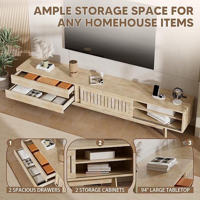 TV Stand for up to 100 Inch TVs, 94.5" Entertainment Center with Storage & Power Outlet, Mid Century Modern Media Console w Drawers and Sliding Door, Television Stand for Living Room, Natural