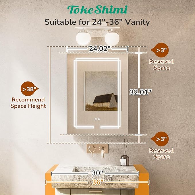 TokeShimi 24x32 Inch Lighted Medicine Cabinet, LED Medicine Cabinet with Lights, Wall-Mounted Bathroom Cabinet Mirror with 3 Color Temperature, Anti-Fog, CRI 80+, Memory Function, Tempered Glass
