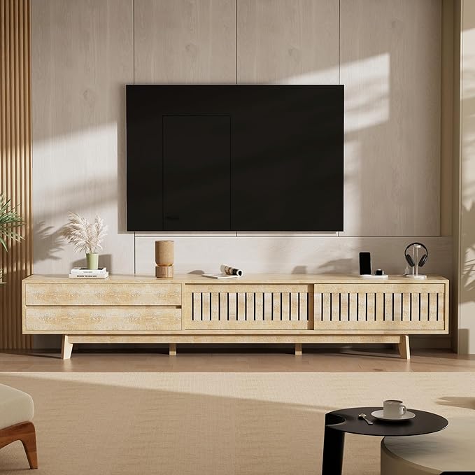 TV Stand for up to 100 Inch TVs, 94.5" Entertainment Center with Storage & Power Outlet, Mid Century Modern Media Console w Drawers and Sliding Door, Television Stand for Living Room, Natural