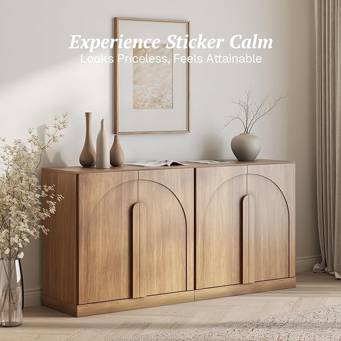 BELLEZE Set of 2 Modern Buffet Cabinets (63" Wide)-Large Sideboard Credenza with Arched Doors-Seamless Hidden Storage Console for Dining Room & Living Area-Camel
