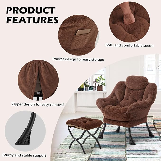 Lazy Chair with Folding Ottoman,Leisure Sofa Chair,Soft Fabric Armchair with Armrests and Side Pockets, Reading Chair with Footrest for Living Room, Bedroom, Office (Plush Dark Brown)