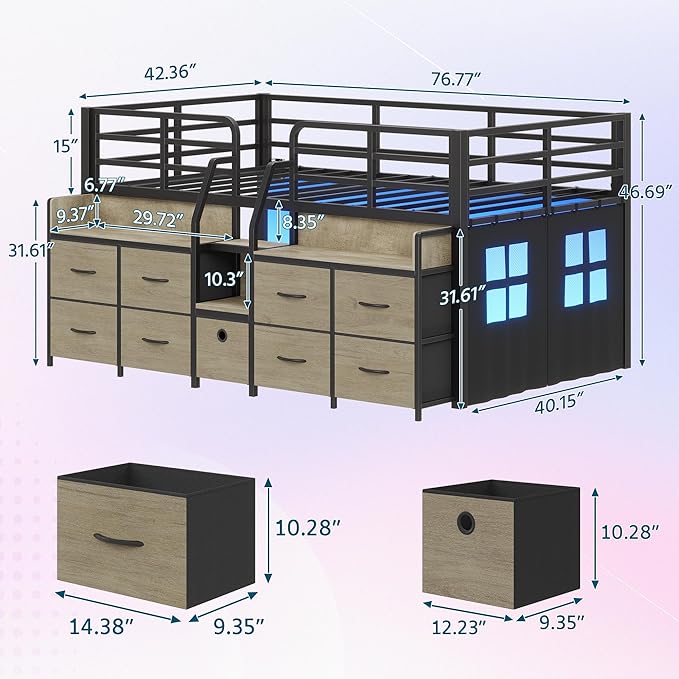 Dnxao Low Loft Bed Twin with 9 Drawers 2 Storage Bookcases,Twin Bed Frame for Kids with LED Lights and Charging Station,15" H Safety Guardrail,Under-Bed Play Space, Oak Gray
