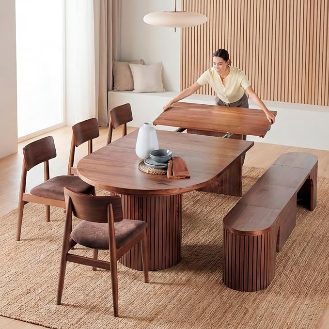 Transformer Table - Solid Wood Extendable Round Dining Table Set, Expandable Dining Table, Elegant and Functional Design, Perfect for Dining Room, Royal Brown (Table + Bench + 4 Chairs)