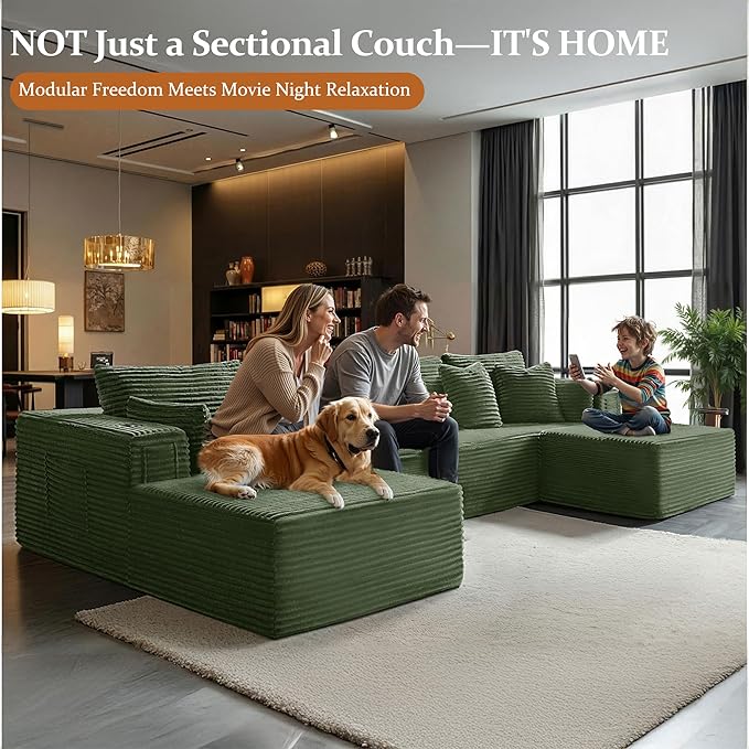 37" Cloud Sectional Couch Ottoman for Living Room, Extra Deep Seats No Assembly, Minimalist Modular Couch, Corduroy (Olive Green, Ottoman)