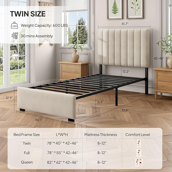 Welzona Twin Size Bed Frame with Headboard, Kids Velvet Upholstered Metal Platform Bed with Vertical Channel Tufted Headboard, 3-Level Height, Metal Slat Support, Noise-Free Easy Assembly, White