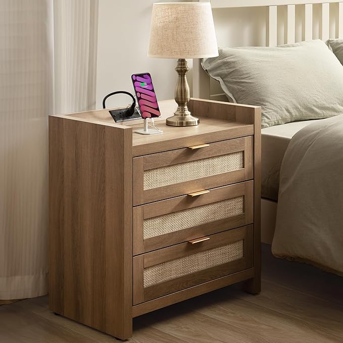 SICOTAS Larger Rattan Night Stand - Tall Nightstands with Type-C Charging Station, 3 Storage Drawers, Boho Bedside Table End Table with Storage for Bedroom Sofa Couch Office - Natural Oak
