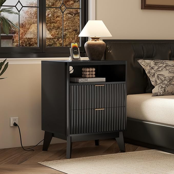 LYNCOHOME Fluted Nightstand with Charging Station, 19.7 inch Wide End Table with 2 Drawers, Modern Wood Bedside Table for Bedroom, Black,1 Pcs