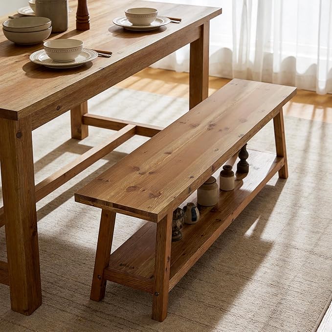 63” Wood Dining Room Bench, Farmhouse Kitchen Bench with Storage Shelf, Solid Wood Rusit Backless Bench for Dining Table, Extra Long Seating for Kitchen Room