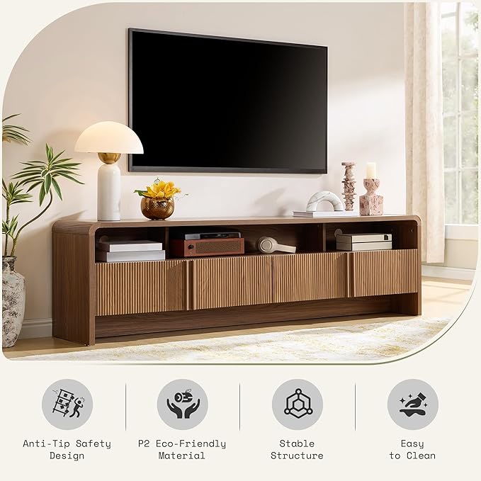 AMERLIFE 70" Fluted Wood TV Stand for TVs up to 80", Media Console Entertainment Center with Storage Cabinets for Living Room, Brown