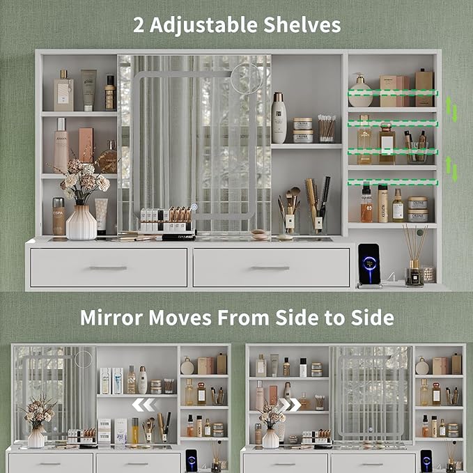 Yanosaku 51" Makeup Vanity with Sliding Mirror and Lights, Vanity with Charging Station, Vanity Desk with 5 Drawers, 2 Adjustable Shelves, Glass Top, Makeup Vanity Desk with Chair for Bedroom, White