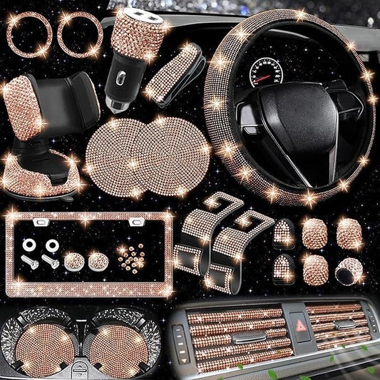 NBTEPEM 27 PCs Gold Champagne Bling Car Accessories Set for Women, Steering Wheel Covers Universal Fit 15 Inch, Bling License Plate Frame, Bling Phone Holder, Bling Car Coasters