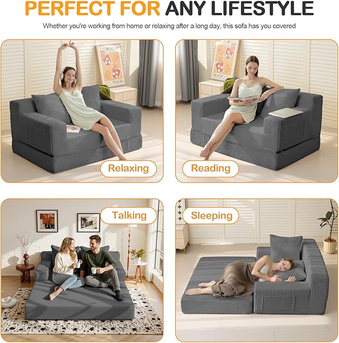 Erament Convertible Sofa Bed, Loveseat Folding Floor Futon Sleeper Sofa Couch Bed- Boneless Foldable Couch, Corduroy Pull Out Sofa Bed with 2 Pillows for Living Room & Bedroom