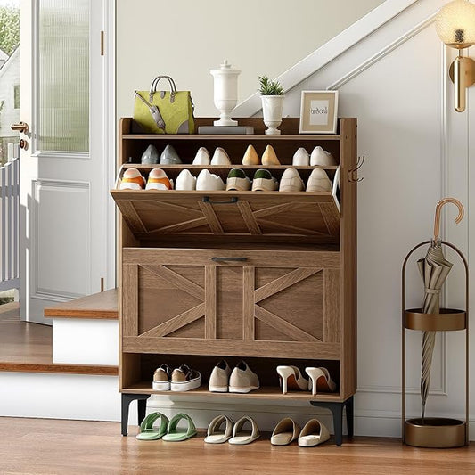 MAHANCRIS Shoe Storage Cabinet, Shoe Organizer with 2 Flip Drawers, Hidden Shoe Storage for Entryway, Freestanding Shoe Cabinet Organizer with Open Storages, Walnut SHWA9401
