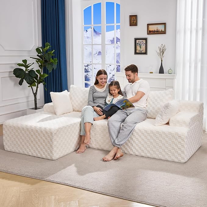 Hobestluk Modular Sectional Sofa Boneless Couch L-Shape Couch 3 Seat Modular Couch Memory Foam Sectional Couches for Living Room Furniture, Cloud Couch with Chaise Lounge (96" Left Facing Chaise)