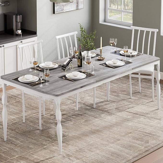 Garvee 79-Inch Modern Farmhouse Dining Table, Large Rectangular Kitchen Table for 6-8 People, Sturdy Wood Top with Unique Legs, Scratch-Resistant Dining Room Furniture for Party, Big Family, Grey