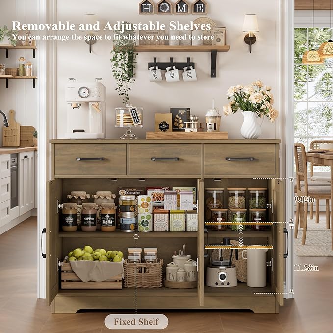 HOSTACK Modern Farmhouse Buffet Sideboard Cabinet, Barn Doors Storage Cabinet with Drawers and Shelves, Wood Coffee Bar Station for Dining Room, Kitchen, Living Room, Rustic Brown