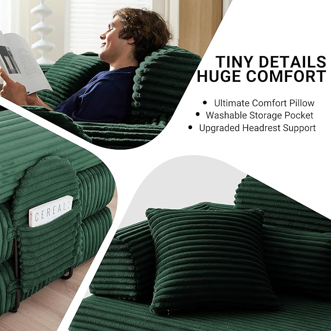 78.8" Convertible Sofa Bed with High Backrest Headrest, 5-in-1 Corduroy Boneless Couch with Side Pocket, Sleeper Loveseat Couch Bed Sectional Couches for Living Room, No Assembly, Green