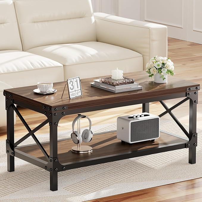 Rectangle Coffee Tables for Living Room, Wood Rectangular Coffee Table, 2 Tier Dark Brown Modern Center Table with Thickened Tabletop and Metal Frame, 40 inch Long (Walnut)