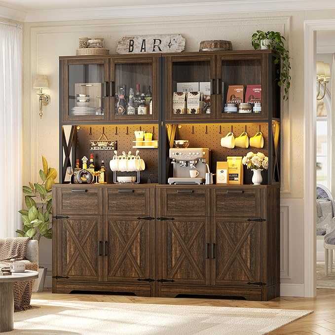 Unikito 71" Tall Kitchen Pantry Storage Cabinet with LED Light & Outlet, 63" Wide Kitchen Hutch Cabinet with Large Countertop, DIY Pegboard and Drawers, Food Pantry for Living Room,Weathered Brown