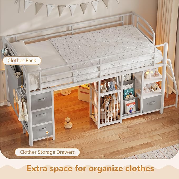 Low Loft Bed Twin Size with 4 Storage Drawers and LED Lights, Twin Loft Bed with Sling Bookcase & Toy Storage, Kids Twin Beds with Anti-Collision Pad & Play Curtain, Under-Bed Play Space, White+Grey