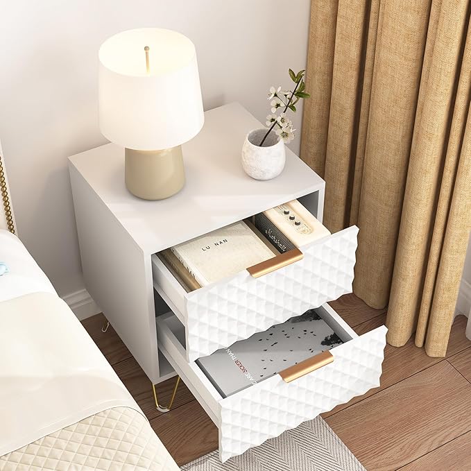 White Night Stand Set of 2, Modern Double Bedside Table with 2 Drawers Storage for Bedroom, Wood End Side Table with Gold Legs for Living Room