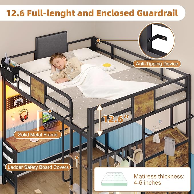 Dnxao Full Size Loft Bed with Desk, Heavy Duty Metal Bed Frame for Teens Adults, 6 Storage Drawers, Power Outlet with Type-C, LED Lights, Integrated Study Workstation for Small Room, Rustic Brown