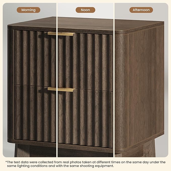 Fluted Nightstand Set of 2, Modern End Table with Metal Handle,2 Storage Drawers Side Table,Bedside Table for Bedroom,Wood Nightstands,Curved Profile Design Furnitue, Walnut