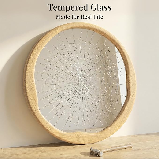 Natural Wood Round Wall Mirror 30 Inch, Large Solid Wood Framed Mirror with Wavy Inner Edge for Bathroom Vanity, Living Room & Organic Boho Decor
