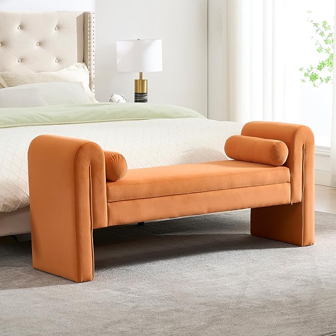 Modern Bench for Bedroom End of Bed, 60.5" Velvet Upholstered Rolled Armed Stool Bench, Sofa Ottoman Long Bench with 2 Pillows for Entryway/Hall/Bedroom/Living Room(Orange-60.5 Inch)