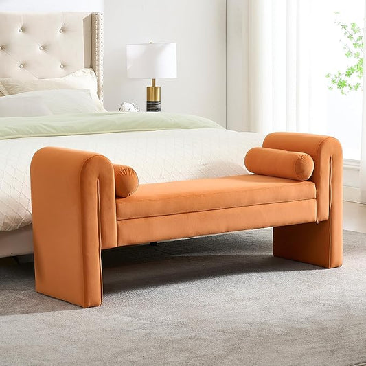 Modern Bench for Bedroom End of Bed, 60.5" Velvet Upholstered Rolled Armed Stool Bench, Sofa Ottoman Long Bench with 2 Pillows for Entryway/Hall/Bedroom/Living Room(Orange-60.5 Inch)