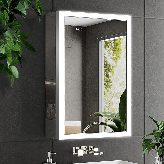 Lighted Medicine Cabinet with Mirror & Clock -20x32 Surface or Recessed Aluminum Medicine Cabinet with Dimmable Light & Outlet, Anti-Fog, Built-in Sensing Light, Assembly-Free