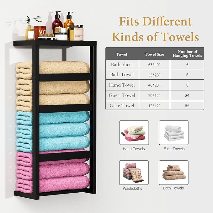 Bamboo Wall Blanket Ladder, 4-Tier Towel Racks, Bamboo Bath Towel Racks for Bathroom Wall Mounted, Decorative Blanket, Quilt, Towel, Scarf Ladder Shelves for Bathroom, Living Room, Bedroom， Black