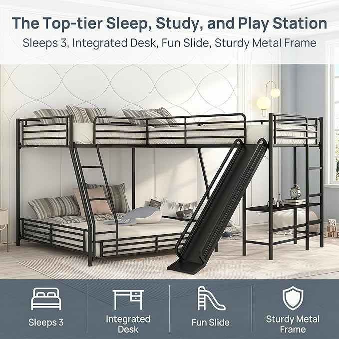 Bellemave Triple Bunk Beds, L-Shape Twin Over Full Bunk Bed Attached a Loft Bed with Desk, Triple Bunk Beds with Slide, Metal Corner Bunk Bed Frame for Three Kids Boys Girls Teens, Black