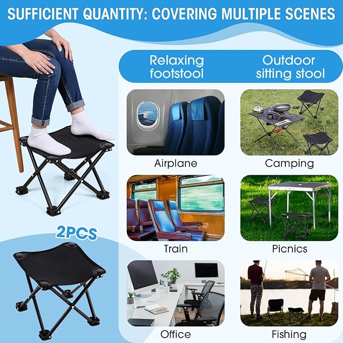 Ripeng 2 Pcs Portable Airplane Travel Foot Rest, Folding Camping Stool, Under Desk Foot Rest at Work for Long Flight, Home and Office Outdoor Hiking Fishing with Carry Bag (Black)