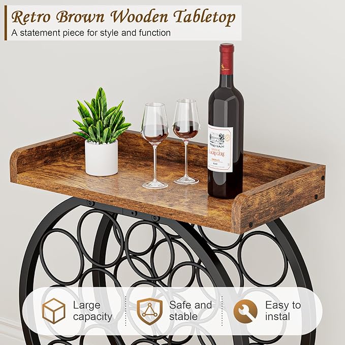 X-cosrack 14 Bottles Countertop Wine Rack with Wooden Tabletop, Round Metal Freestanding Wine Storage Holder, Wine Racks Countertop Wine Bottle Organizer Display Stand for Pantry Home Kitchen Bar