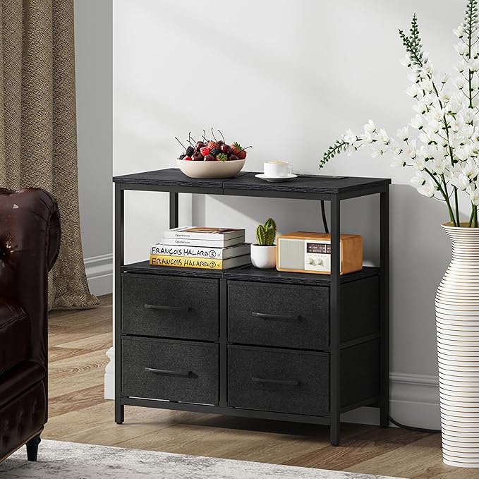 TUTOTAK Large Night Stand with Charging Station, Nightstand with USB and Type-C Port, Bedside Table with Cloth Drawers, End Table for Livingroom, Bedroom, Black TB01BK081
