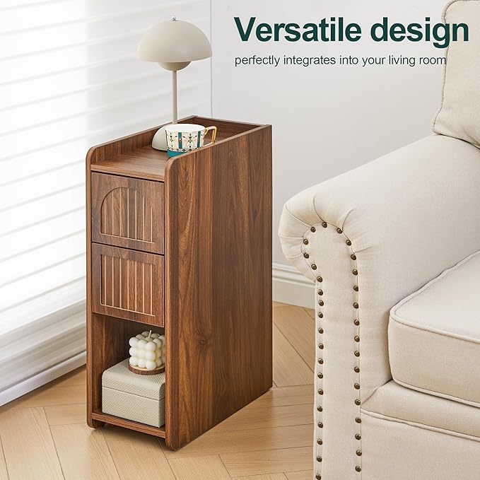 Walnut Narrow Nightstand, Wooden Small 2 Drawer Nightstand, Slim Side End Table, Skinny Bedside Table, Mid Century Modern Night Stand with Drawers, for Living Room (Deep Walnut-1 pc)
