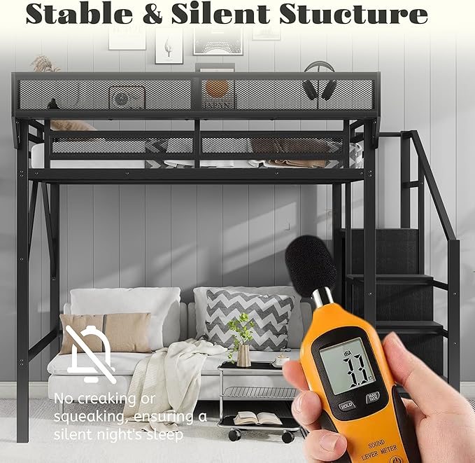 Mirightone Full Size Loft Bed with Stairs and Storage, Metal Loft Bed Frame with Bedside Shelf and Large Under-Bed Space, Heavy-Duty Loft Beds for Adults Teens and Kids, Convertible Staircase, Black