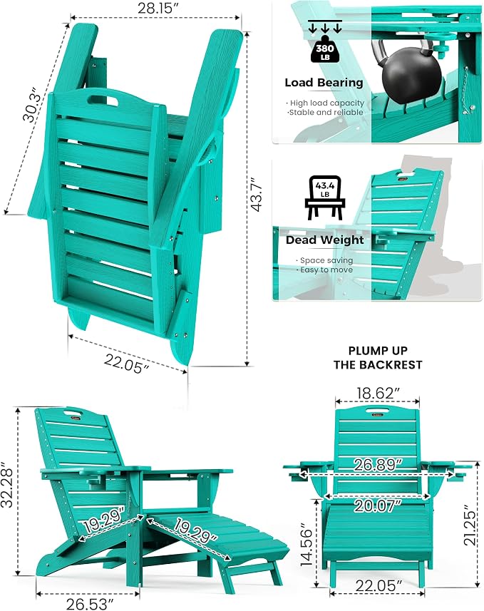 Ciokea Folding Adirondack Chair Set of 4 with Retractable Ottoman Fire Pit Patio Chair with Pull Out Foot Rest Weather Resistant Lawn Outdoor Chair with 2 Cup Holder (Lake Blue)