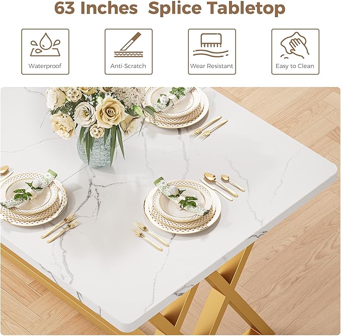 IRONCK 63" Dining Table for 4-6, Modern Rectangular Kitchen Table with Sturdy Metal Frame & Geometric Legs for Dining Room, Easy Clean-Faux Marble Color