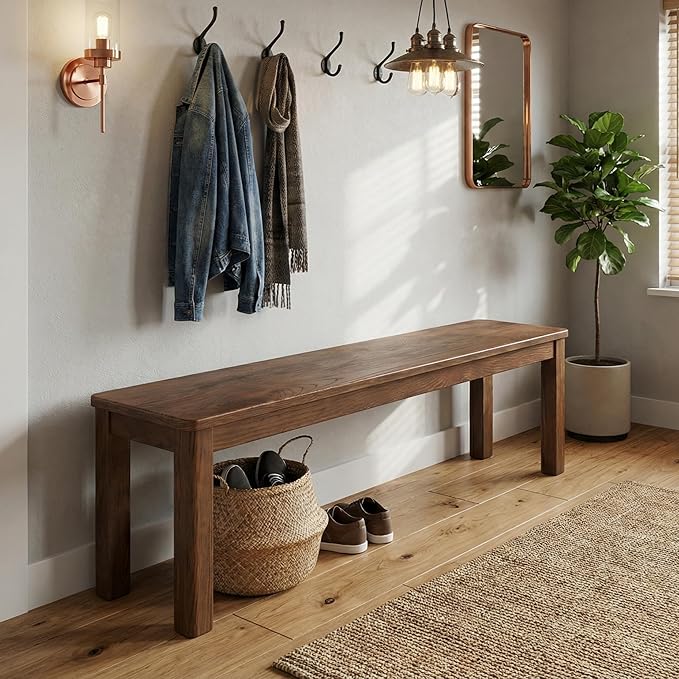 100% Solid Oak Wood Dining Bench, 47.3'' Entryway Bench Extra Chair Seat Long Ottoman with Squre End & Round Corner for Kitchen Living Room Bedroom, Walnut