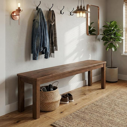 100% Solid Oak Wood Dining Bench, 47.3'' Entryway Bench Extra Chair Seat Long Ottoman with Squre End & Round Corner for Kitchen Living Room Bedroom, Walnut